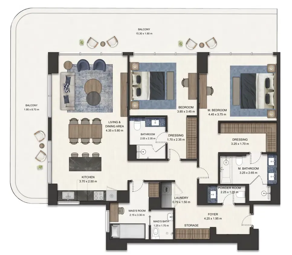 Seamont Autograph Collection Residences 2 bed floor plan, 1,873 sqft