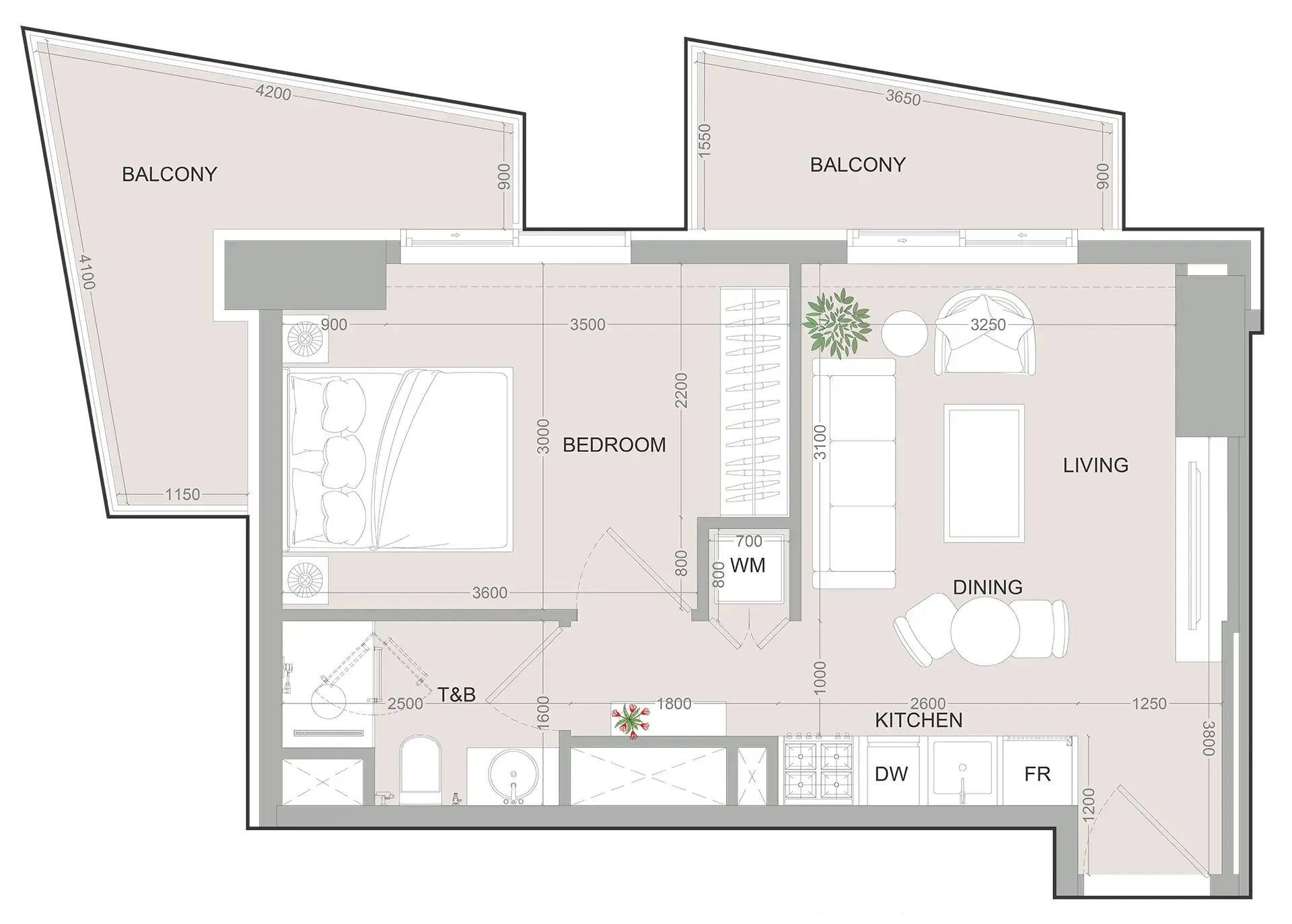 A1LA Residence 1 bed floor plan, 819 – 873 sqft
