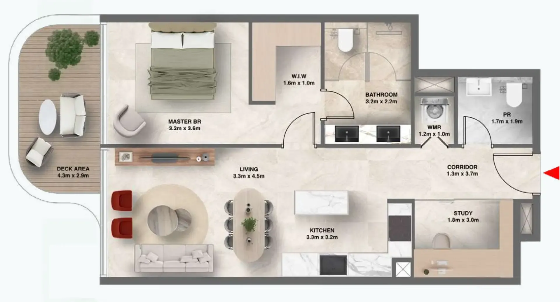 The Tides 1 bed floor plan, 837 sqft