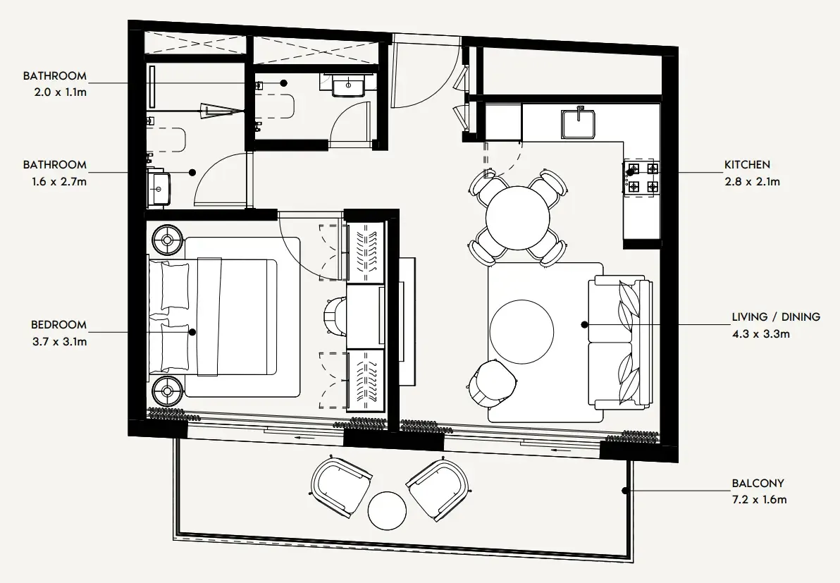 Azizi Noura 1 bed floor plan, 660 sqft