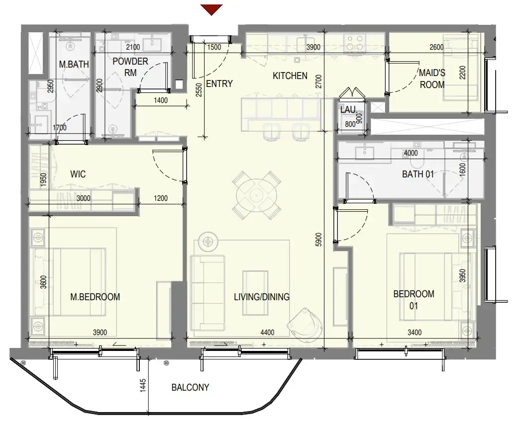 Takaya 2 bed floor plan, 1,275 – 1,276 sqft