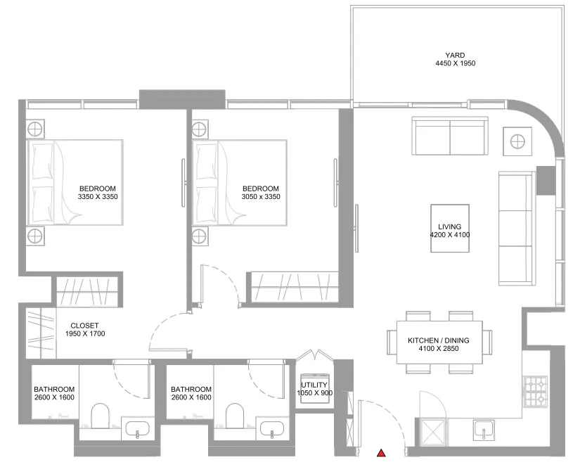 Starline Beach Residences 2 bed floor plan, 965 sqft