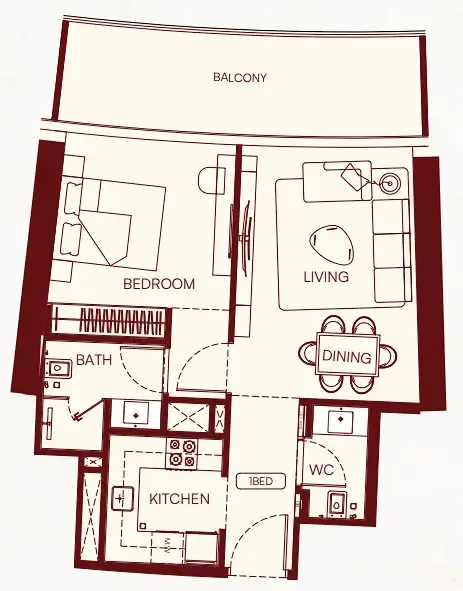 Binghatti Skyflame 1 bed floor plan, 724 sqft