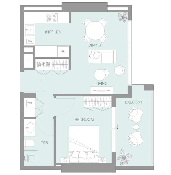 LUM1NAR 1 bed floor plan, 576 sqft
