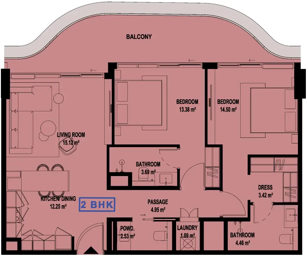 Marquis Horizon 2 bed floor plan, 1,102 sqft