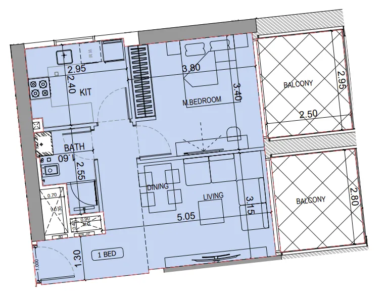 Binghatti Elite 1 bed floor plan, 705 – 714 sqft