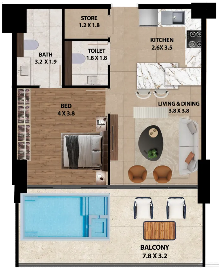 Marquis One 1 bed floor plan, 906 sqft