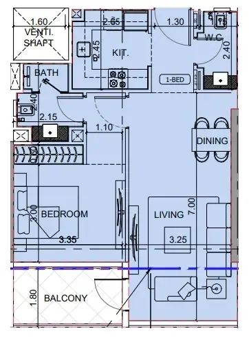 Binghatti Cullinan 1 bed floor plan, 702 sqft
