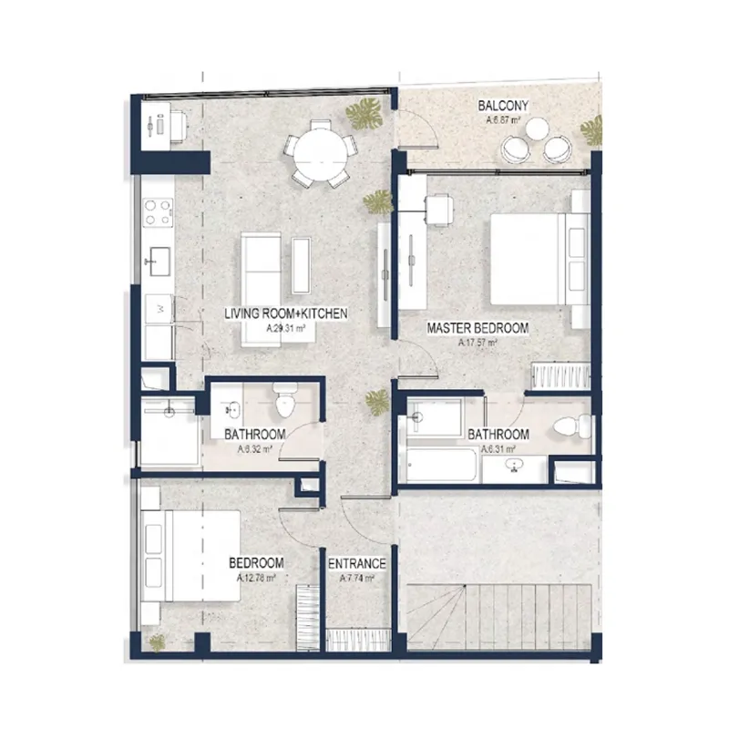 Sekar 2 bed floor plan, 936 – 1,007 sqft