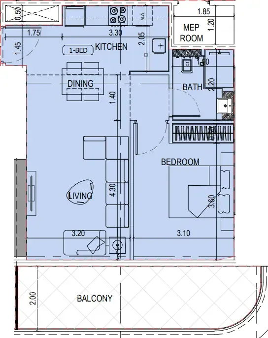 Binghatti Sky Terraces 1 bed floor plan, 726 sqft