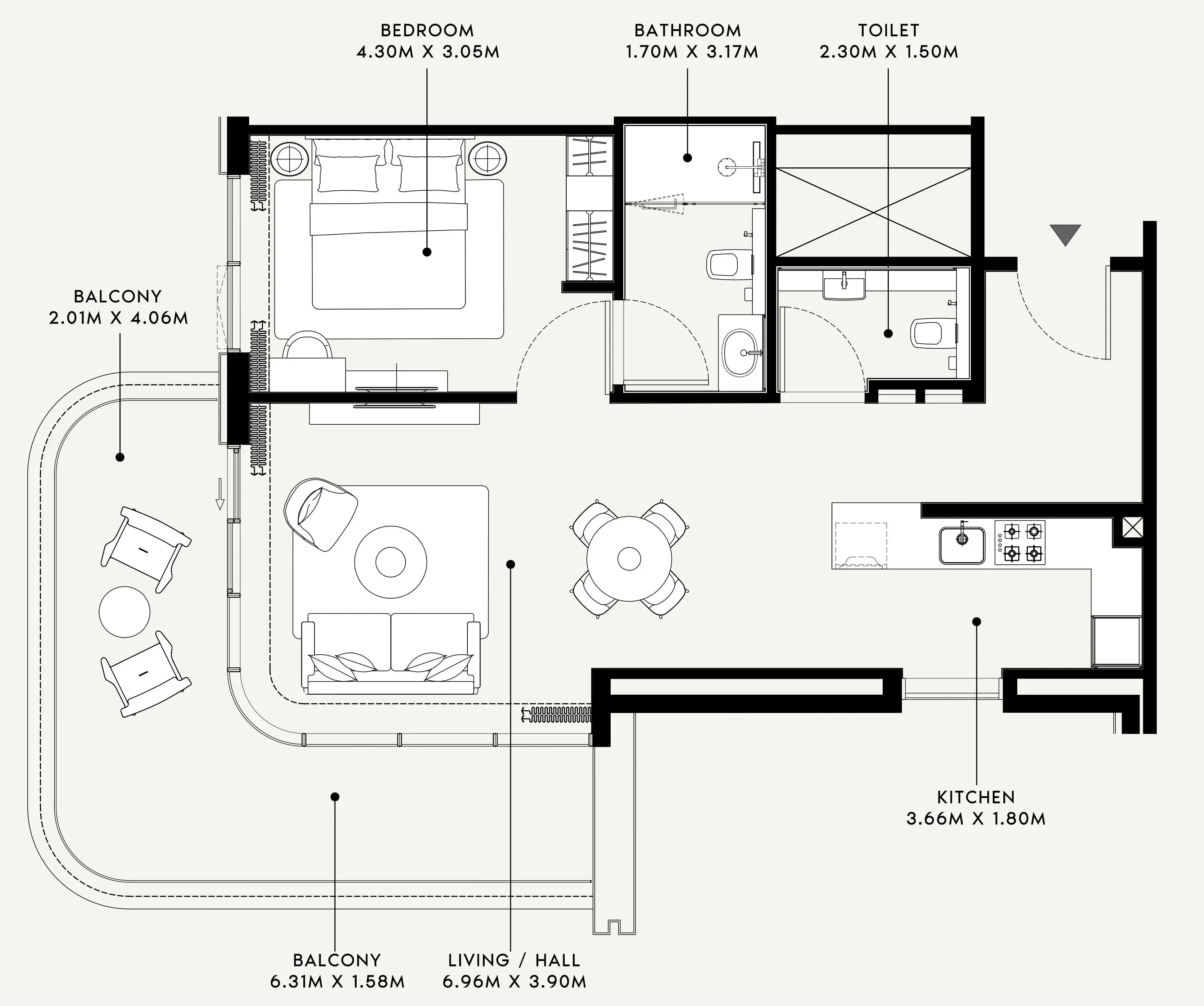 Azizi Venice 1 bed floor plan, 932 sqft