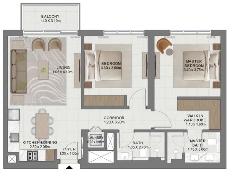Golf Hills 2 2 bed floor plan, 990 sqft
