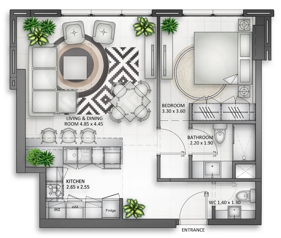 Al Mamsha Sharjah 1 bed floor plan, 1,116 sqft