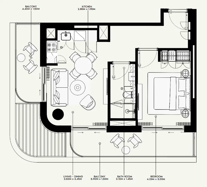Azizi Venice 1 bed floor plan, 709 sqft