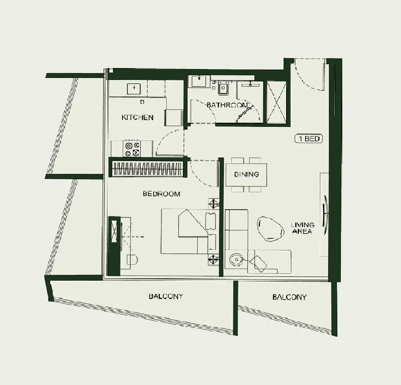 Binghatti HillCrest 1 bed floor plan, 991 sqft