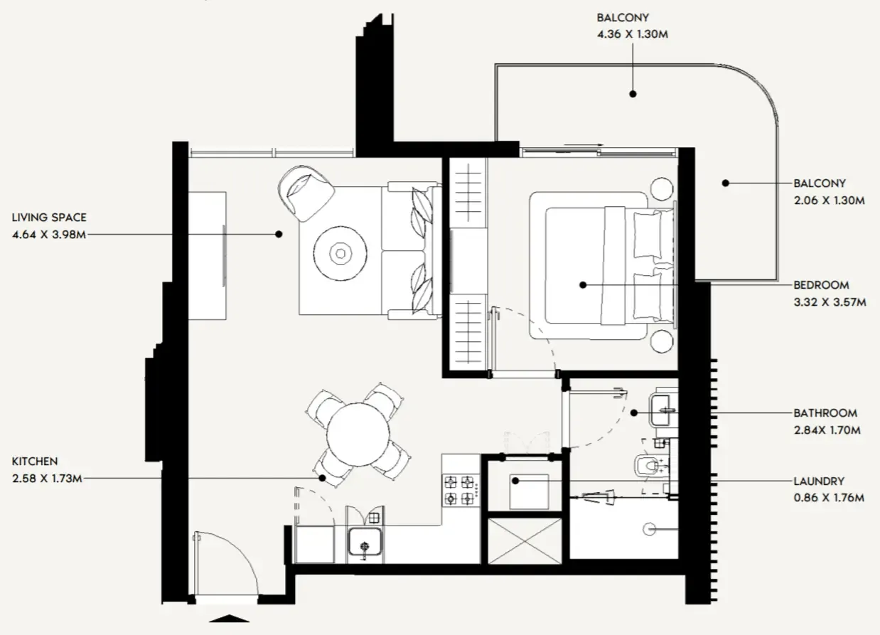 Jaddaf Beach Oasis 1 bed floor plan, 660 sqft