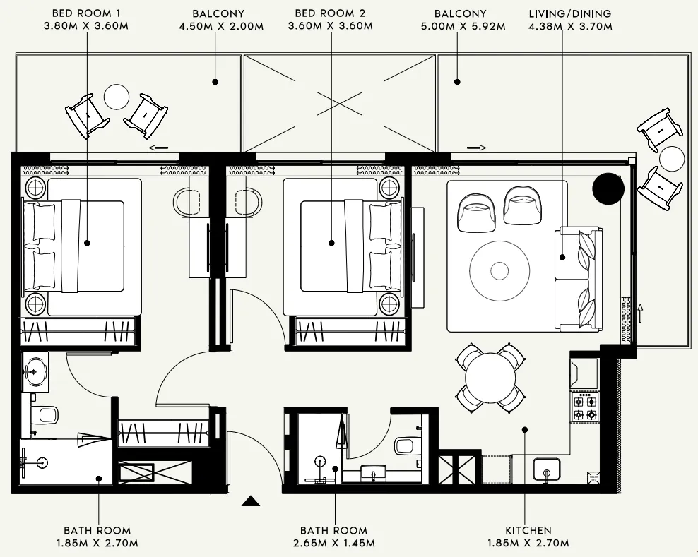 Azizi Venice 2 bed floor plan, 1,092 sqft