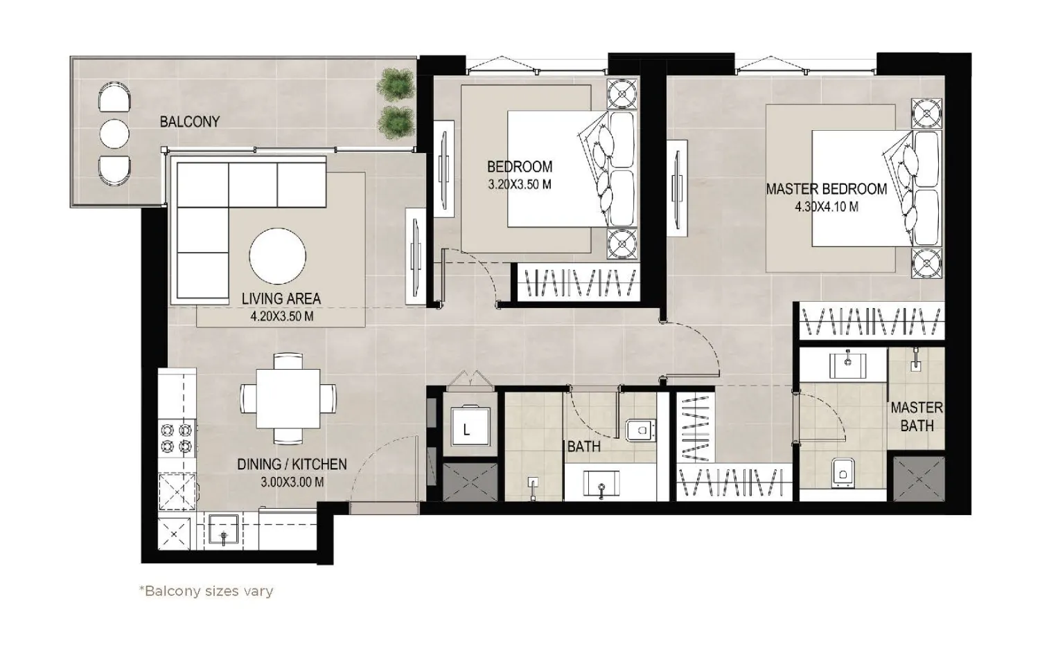 Aria on the Park 2 bed floor plan, 951 sqft