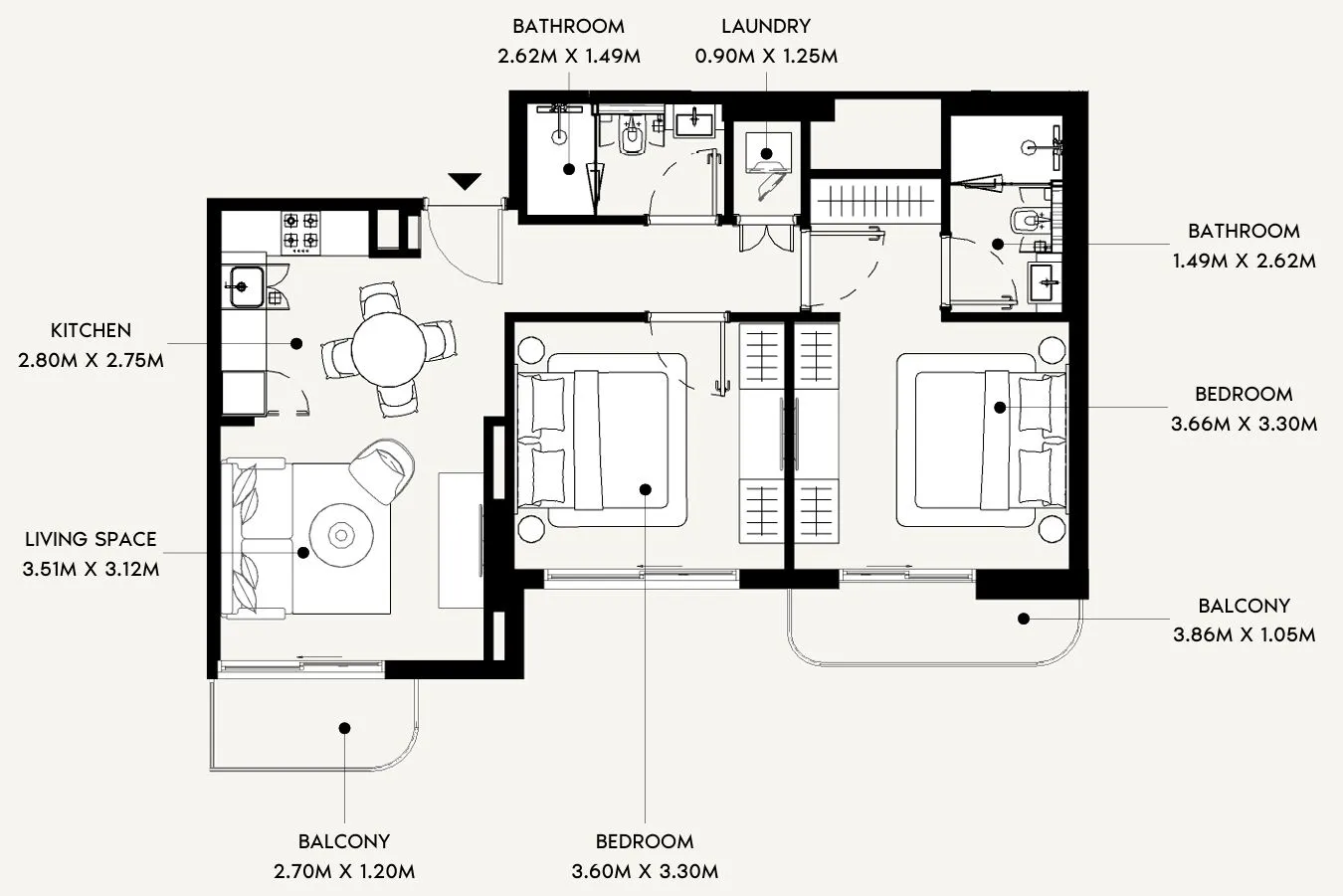 Azizi David 2 bed floor plan, 843 sqft