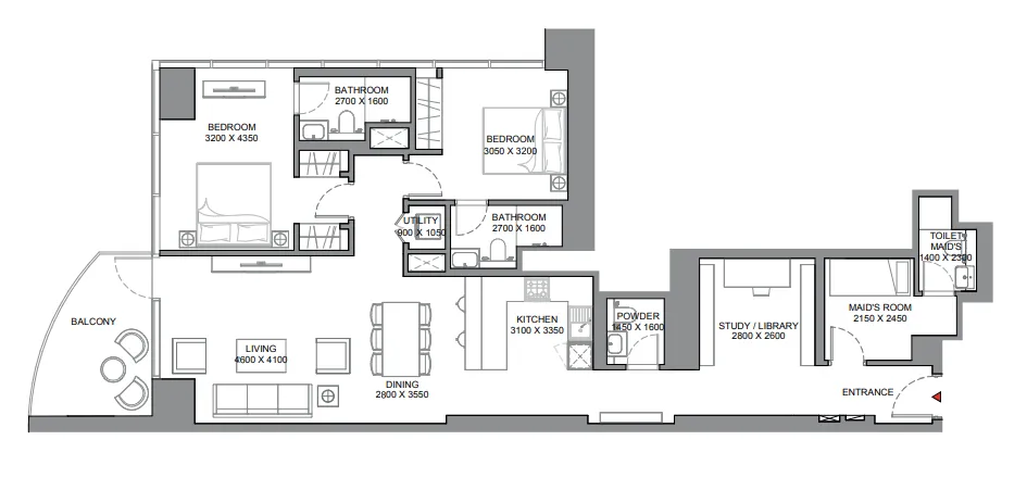 Skyscape 2 bed floor plan, 1,512 sqft