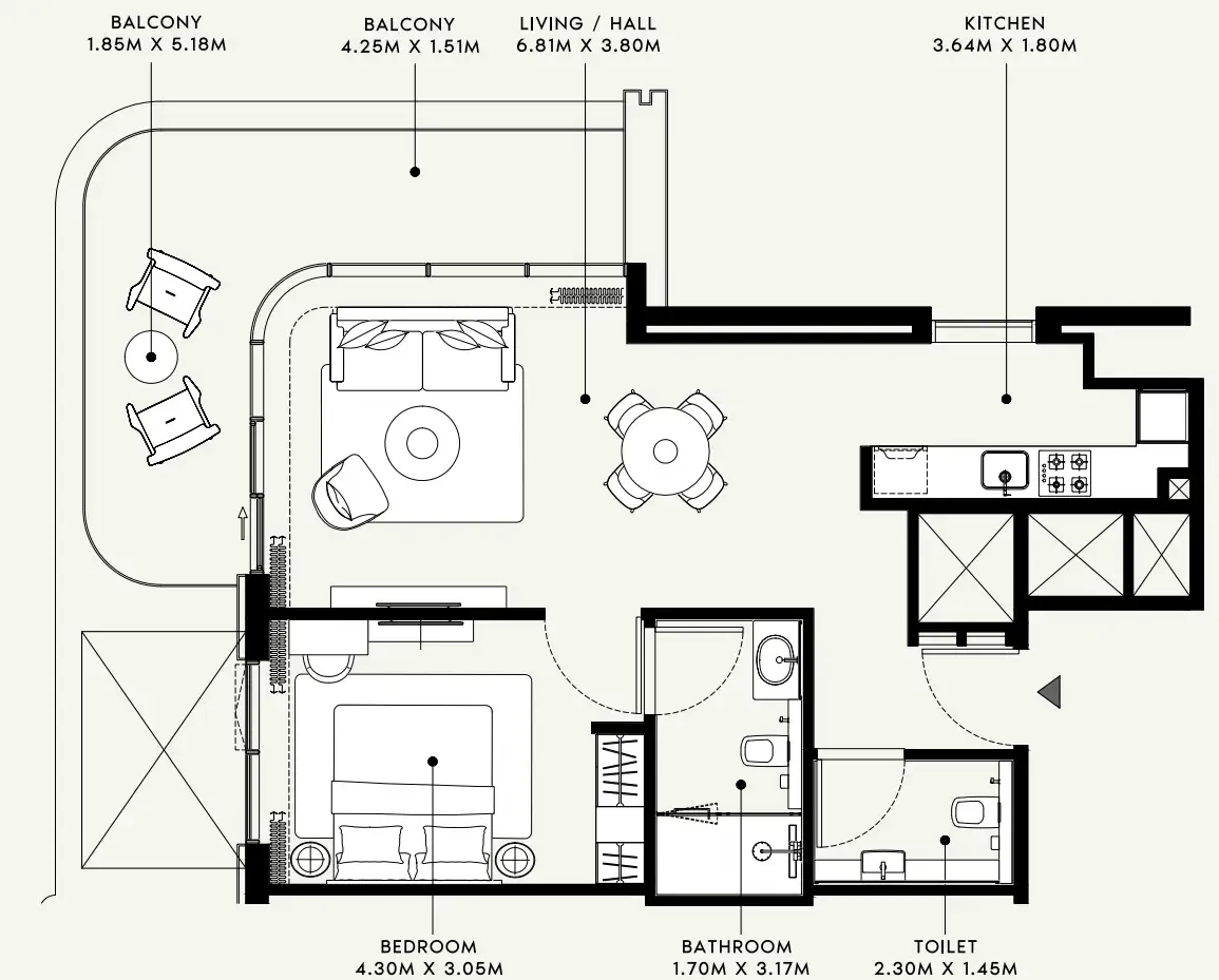 Azizi Venice 1 bed floor plan, 866 sqft