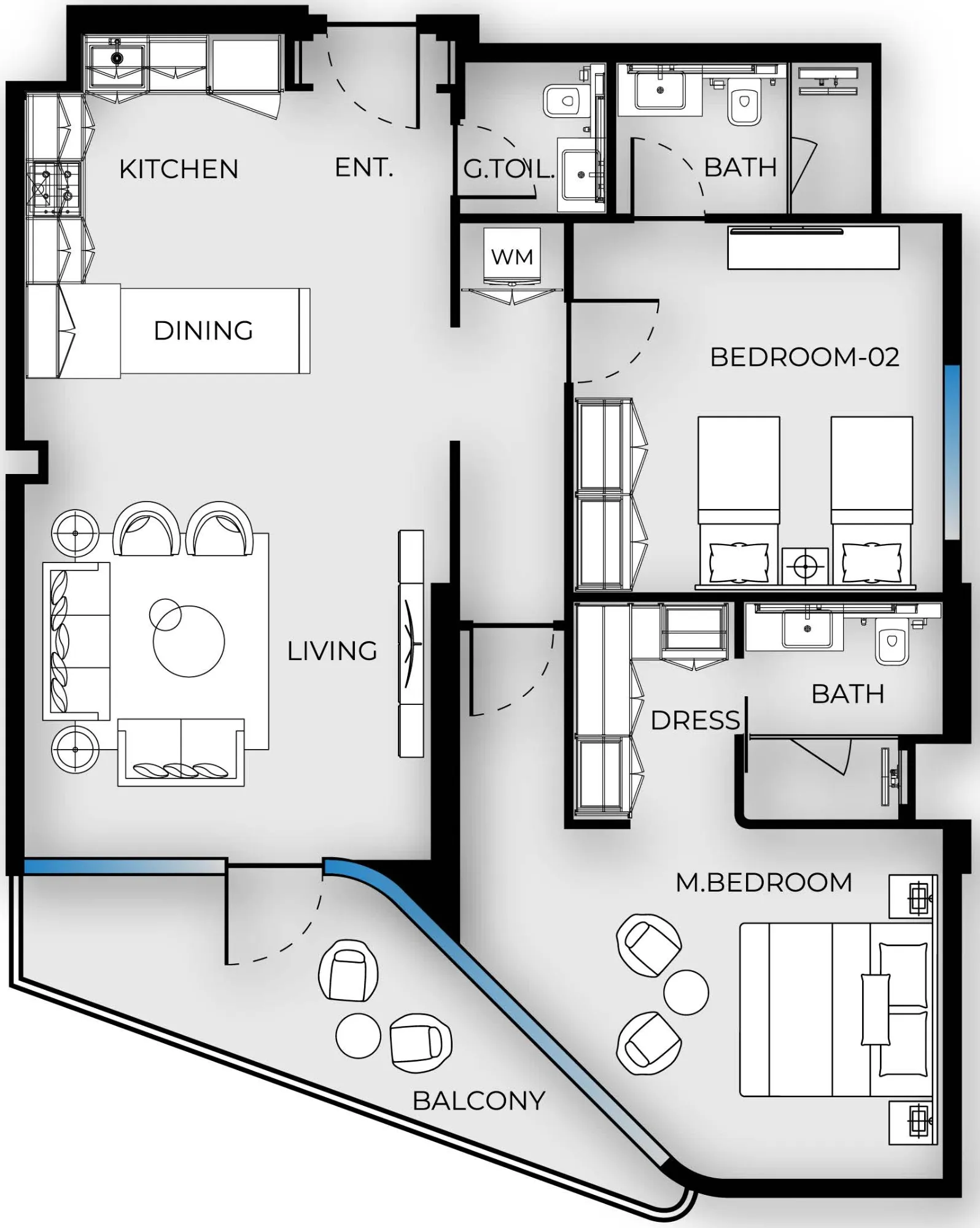 Luxury Canal Residences 2 bed floor plan, 1,201 sqft