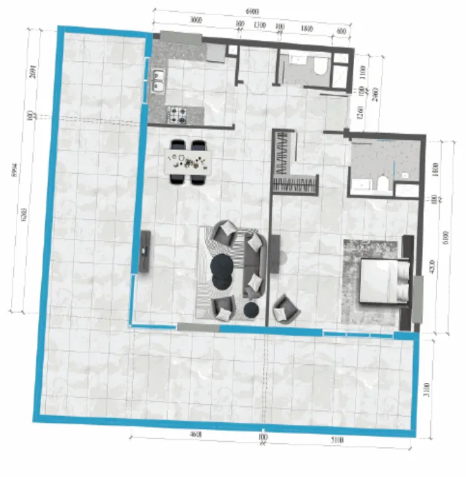 Neva 1 bed floor plan, 911 – 1,623 sqft
