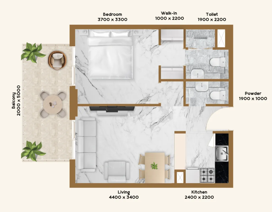 RR Residence 1 bed floor plan, 658 sqft
