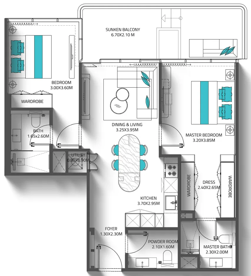 Reef 998 2 bed floor plan, 1,005 sqft