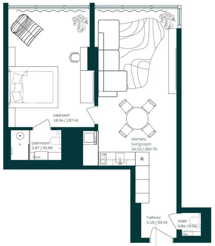 Vibe 1 bed floor plan, 634 sqft