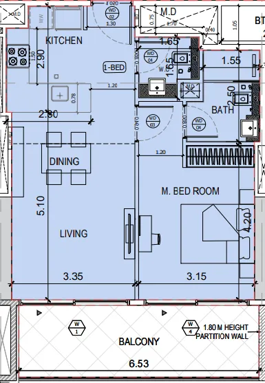 Binghatti Amberhall 1 bed floor plan, 718 sqft