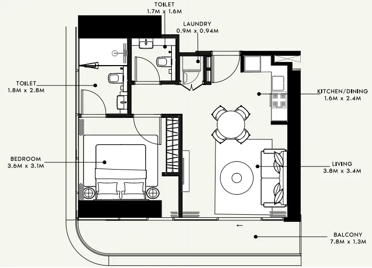 Azizi Milan 1 bed floor plan, 671 sqft