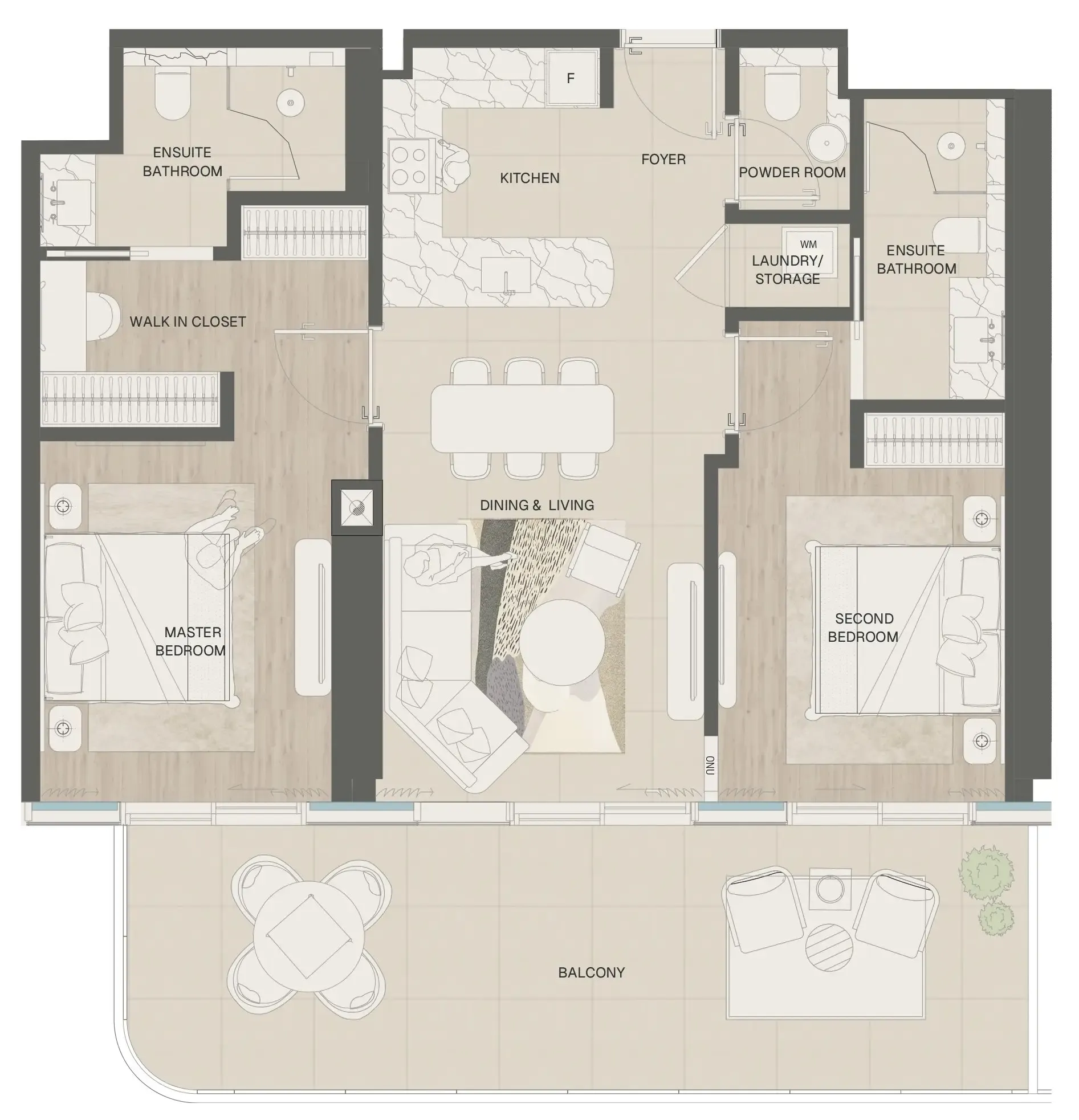 Mondrian Phases 1 and 2 2 bed floor plan, 1,323 sqft