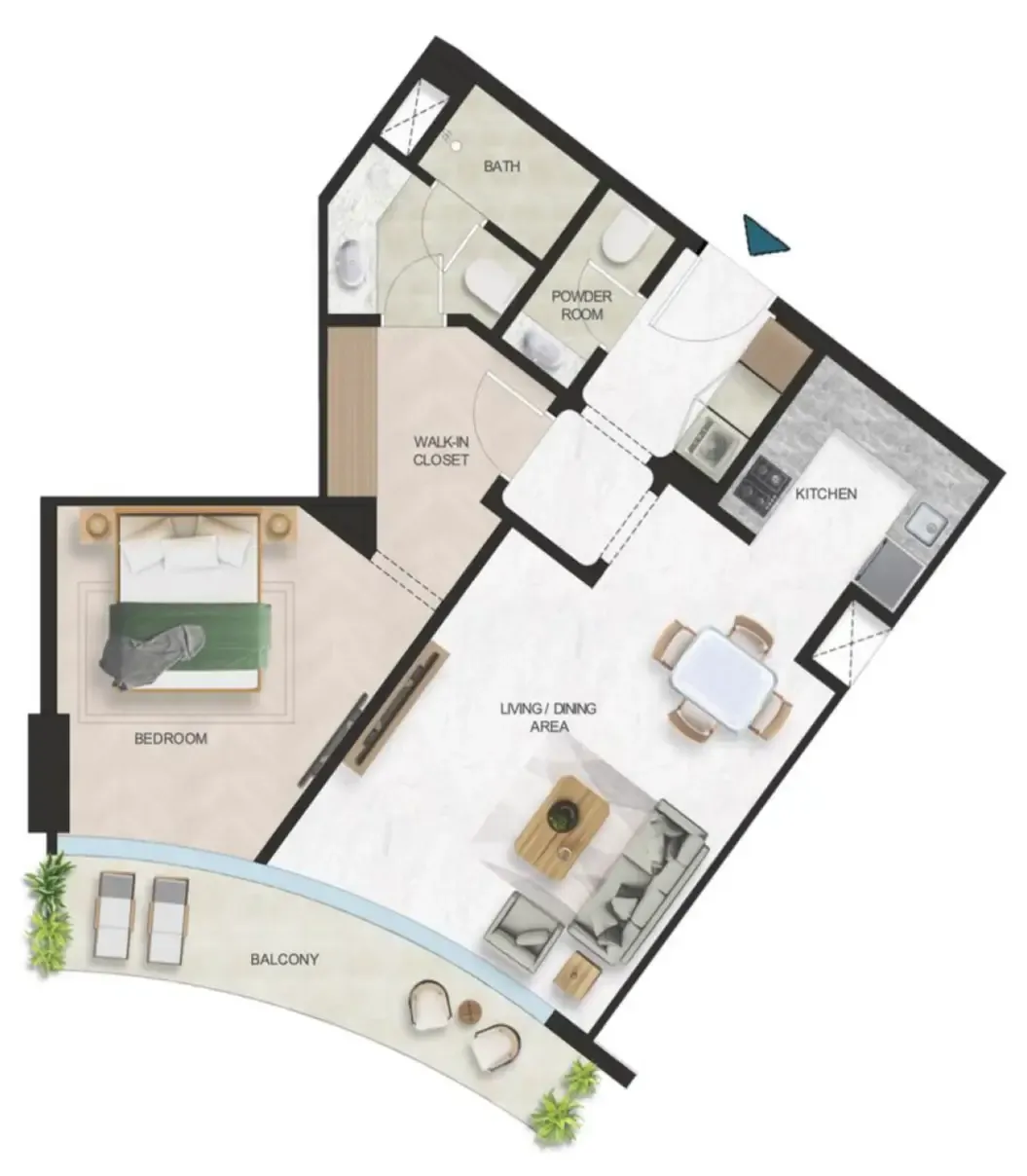 Oystra 1 bed floor plan, 845 sqft