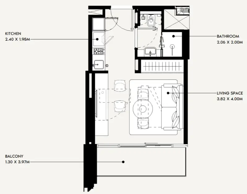 Jaddaf Beach Oasis Studio floor plan, 338 sqft