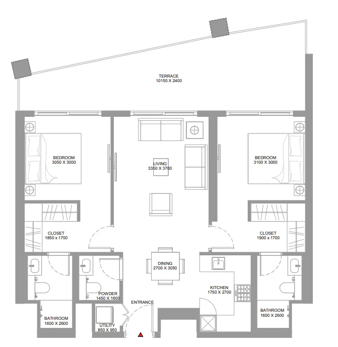 Bayside Marina Residences 2 bed floor plan, 1,115 sqft