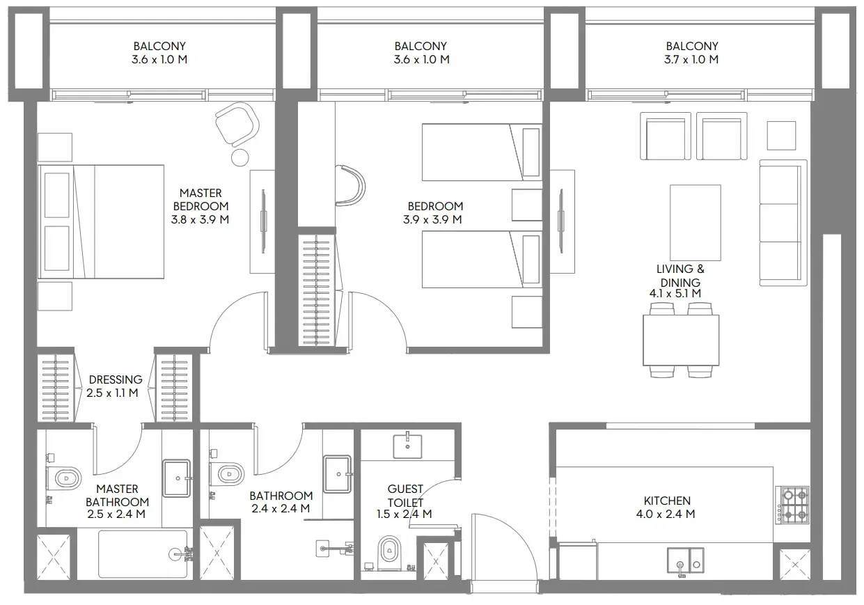 Jenna 1 2 bed floor plan, 1,228 sqft
