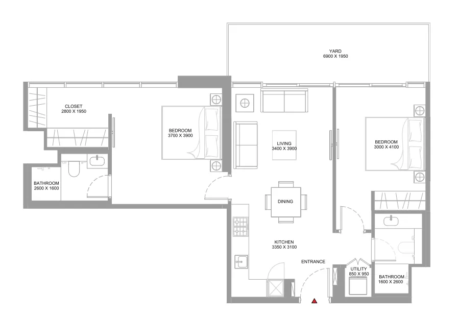 Coastline Beach Residences 2 bed floor plan, 987 – 991 sqft