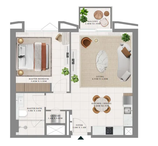 Hillsedge 1 bed floor plan, 708 – 711 sqft