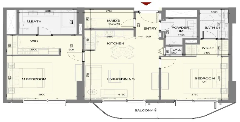 Takaya 2 bed floor plan, 1,258 sqft