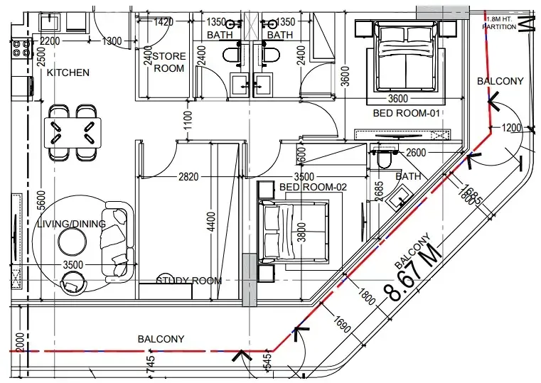 Al Haseen Residences 6 2 bed floor plan, 1,448 sqft