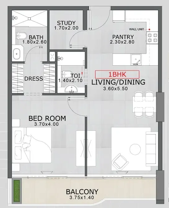 Floarea Skies 1 bed floor plan, 809 sqft