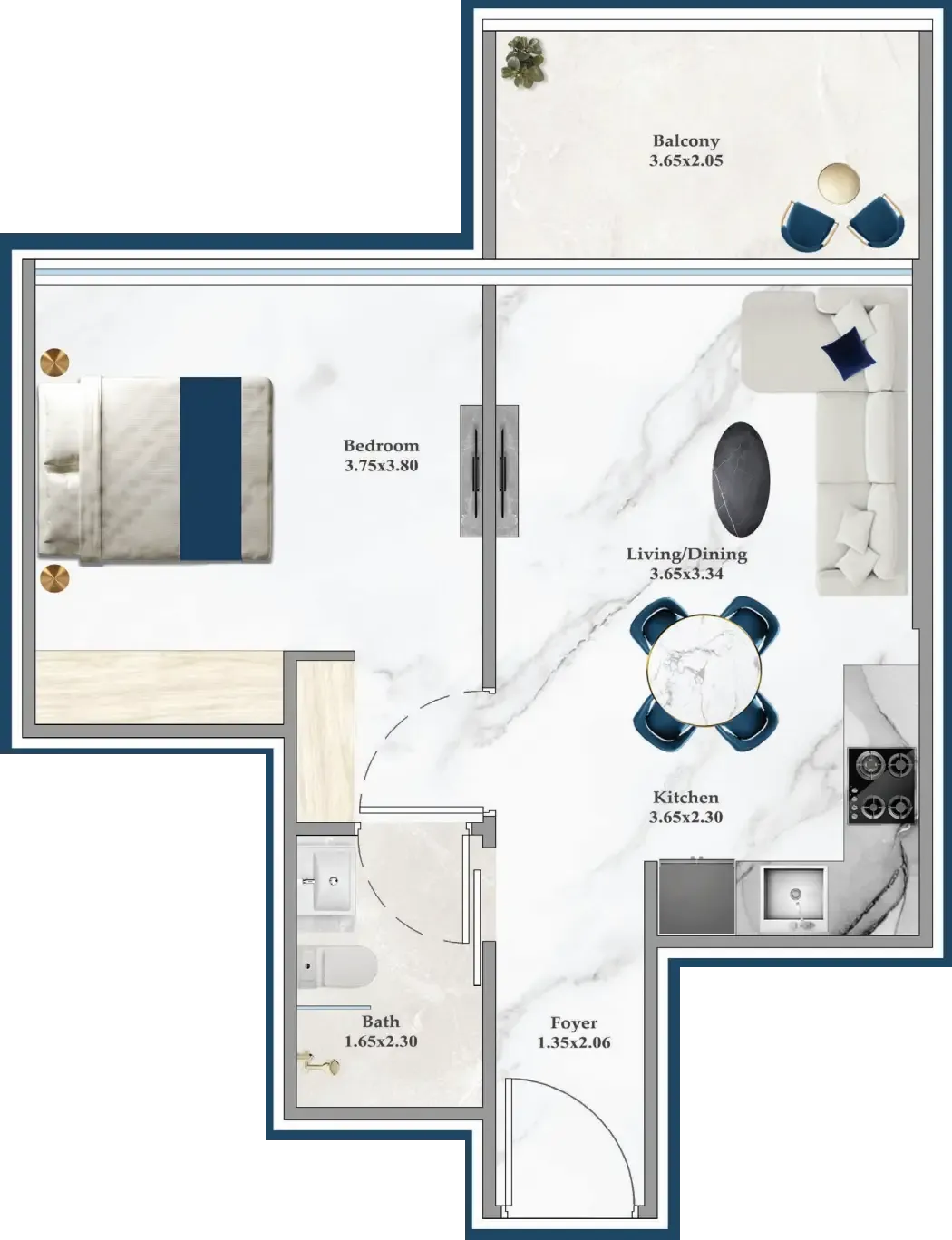 Serenz 1 bed floor plan, 541 sqft