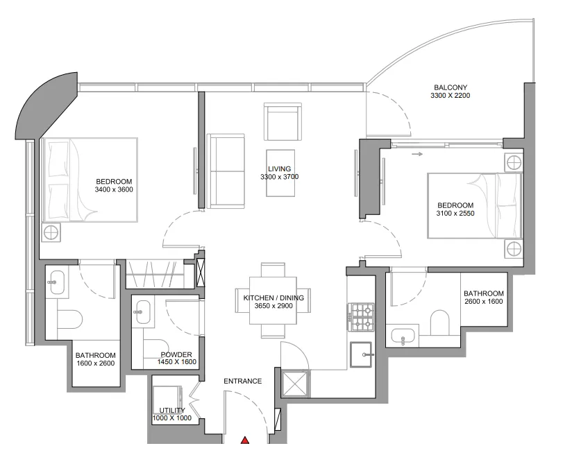 Sobha Aquamont 2 bed floor plan, 767 – 777 sqft
