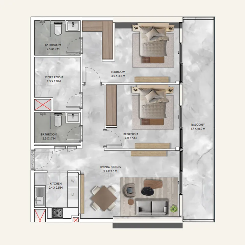 California Residences 2 bed floor plan, 1,161 – 1,350 sqft