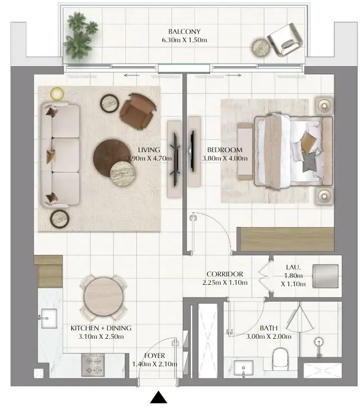 Valia 1 bed floor plan, 821 sqft