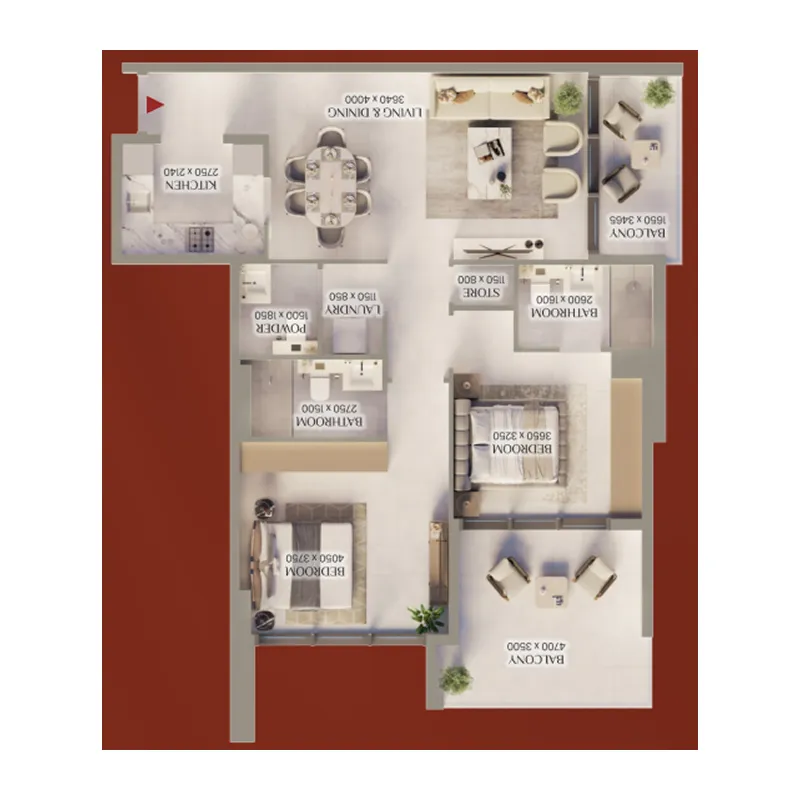 Bliss Tower 2 bed floor plan, 1,130 sqft