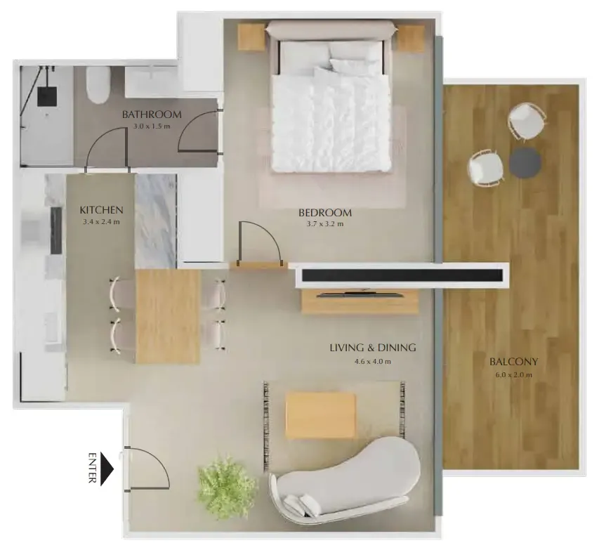 Treppan Tower 1 bed floor plan, 639 – 640 sqft