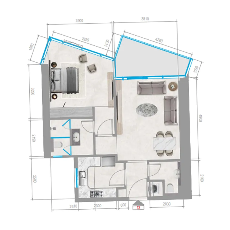 Orchid Towers Phase 1 1 bed floor plan, 751 sqft