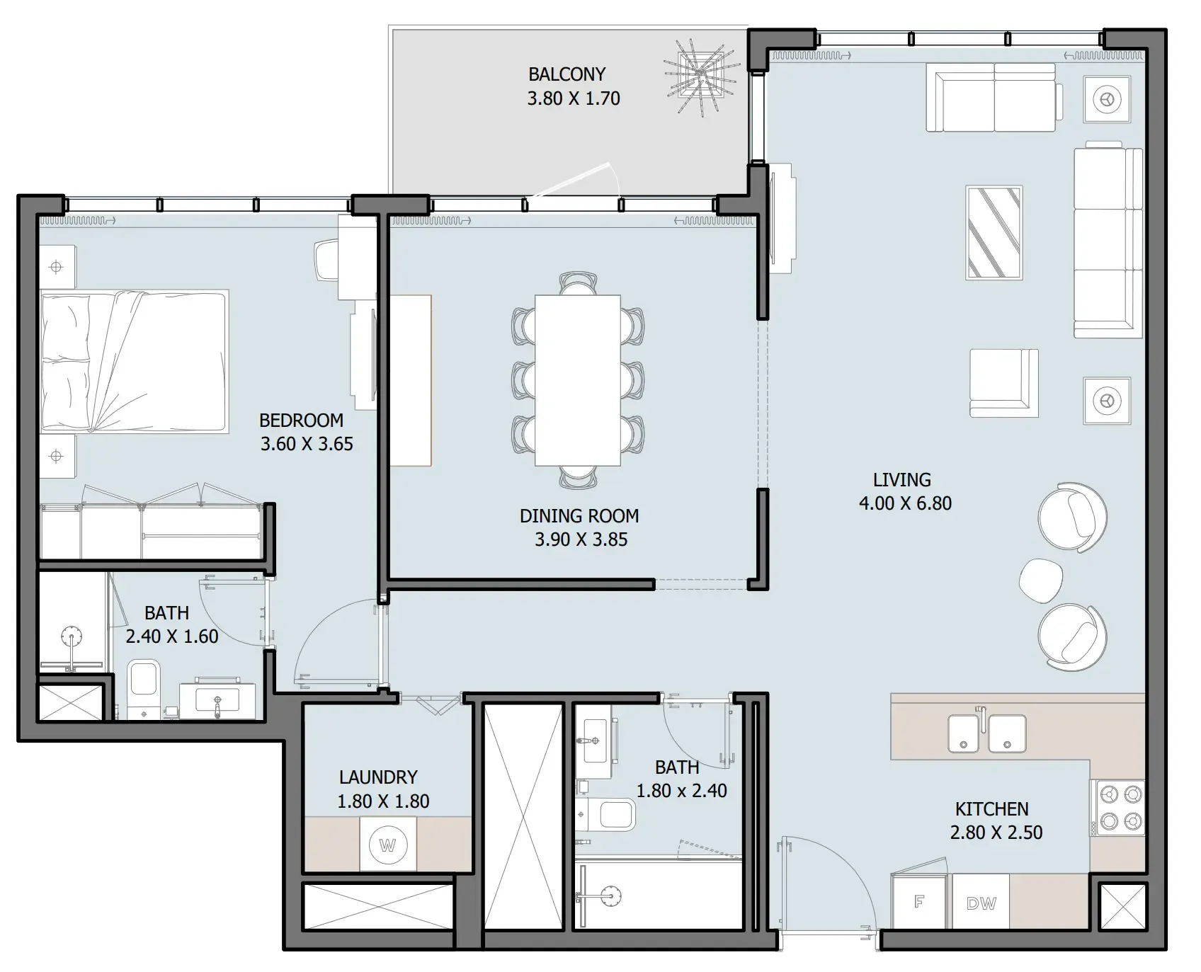 Selina Bay 1 bed floor plan, 993 sqft
